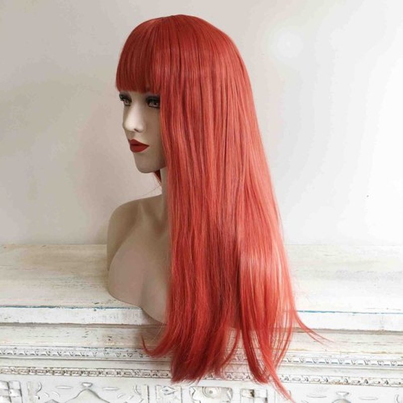 nevermindyrhead Red Orange Long Straight Wig with Fringe Bangs, Heat Resistance Synthetic Wigs for Women 24 Inch