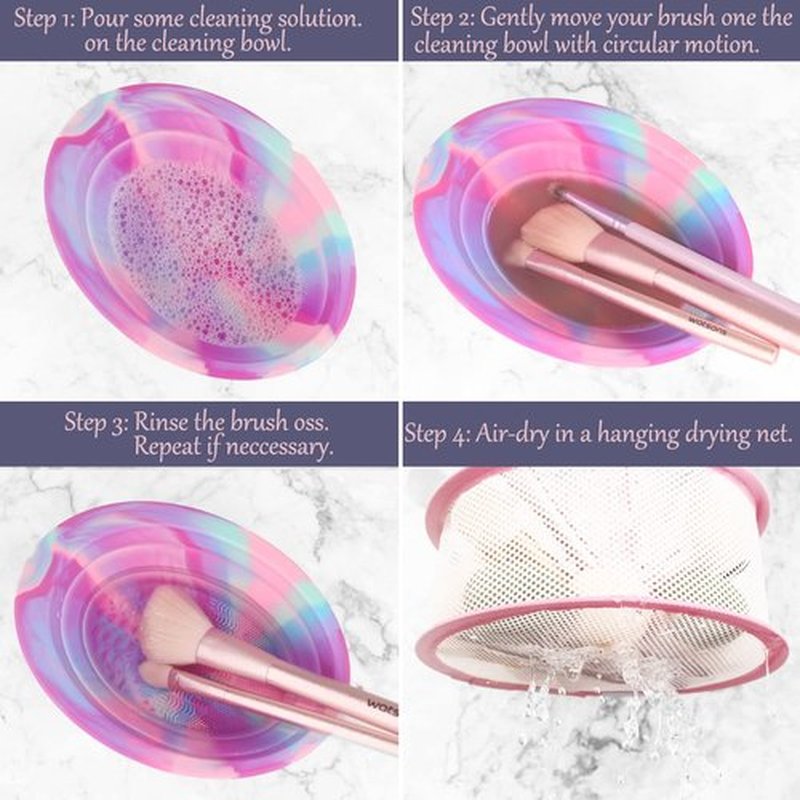 Makeup Brush Cleaning Mat & Hanging Drying Net, Foldable Silicone Makeup Brush Cleaner Brush Cleaning Pad cleaning bowl with Mesh Drying Rack Basket to dry Makeup Sponge, powder puff, brush (Colorful)