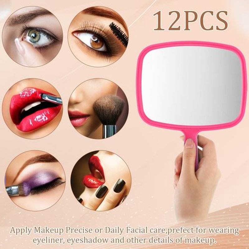 Geetery 12 Pcs Hand Mirror Handheld Cosmetic Mirror with Handle Makeup Mirror Wall Mount for Bathroom Home Barber Salon Travel Portable Beauty School Gift for Women Student 6.69 x 9.45 Inch (Rose Red)