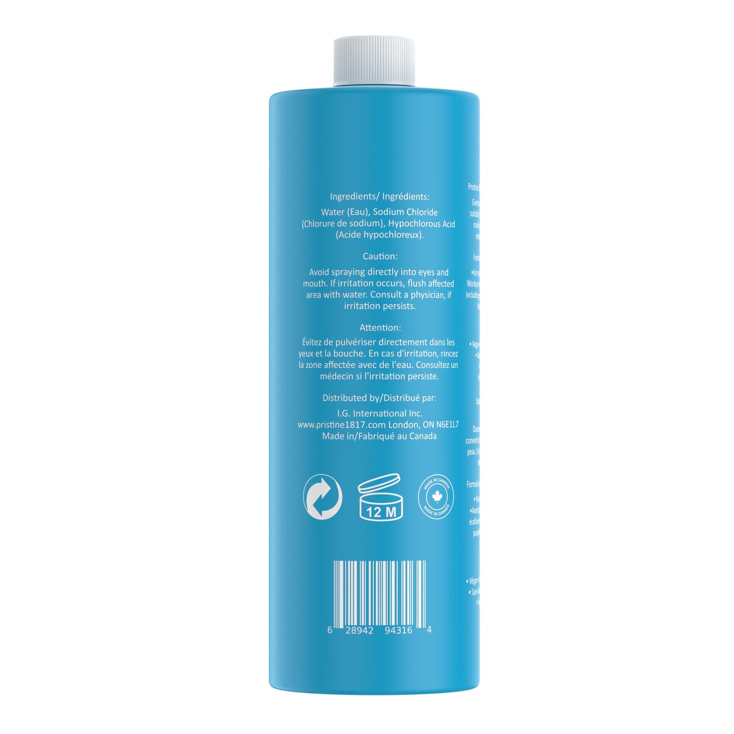 Pristine 1817 Hypochlorous Acid Spray 0.016% 1L (33.8 fl oz) - Gentle, Versatile Mist for Face & Body