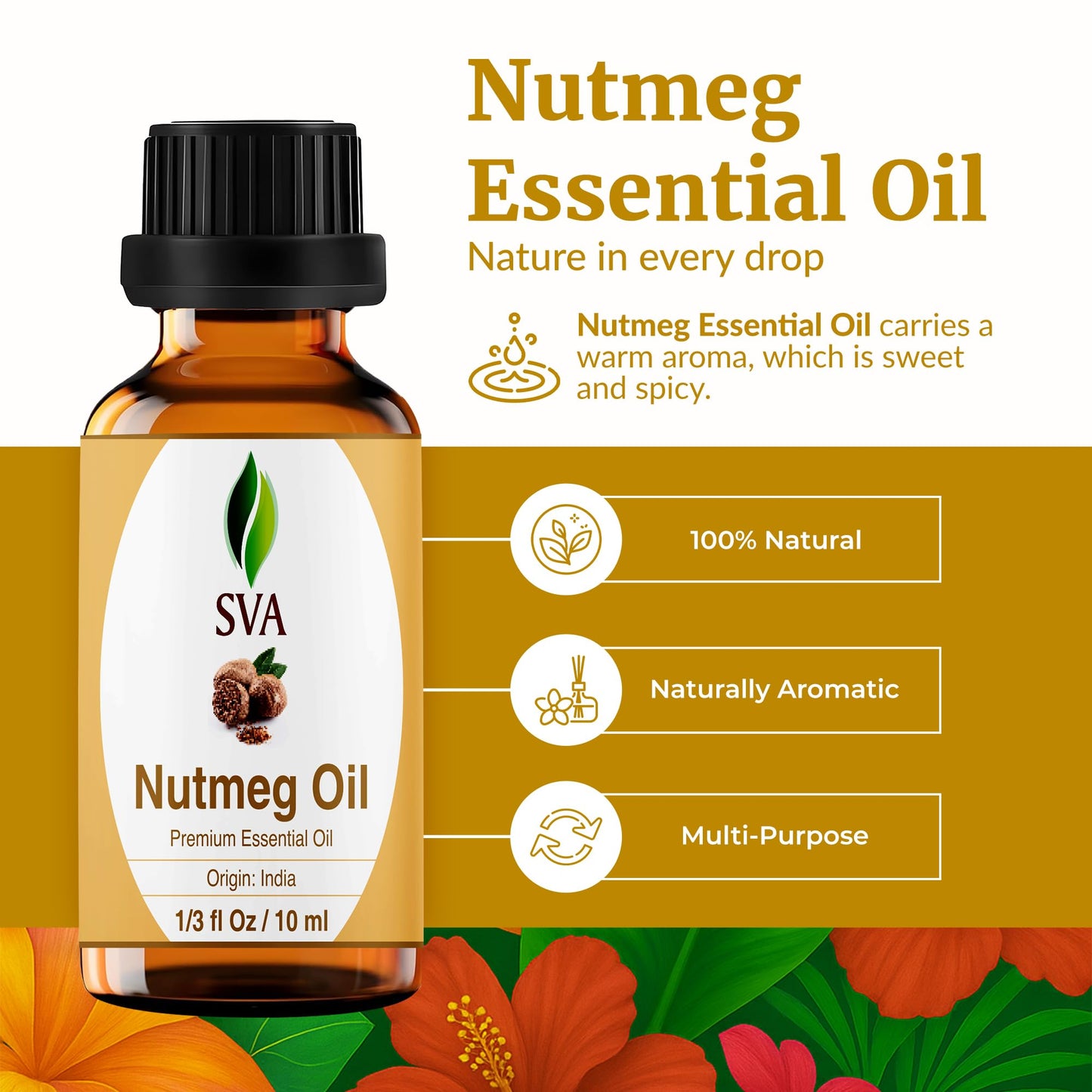 SVA Nutmeg Essential Oil – 1/3 Fl Oz – 100% Natural Nutmeg Oil - for Diffuser, Hair Care, Face, Skin Care, Aromatherapy, Scalp and Body Massage, Soap and Candle Making