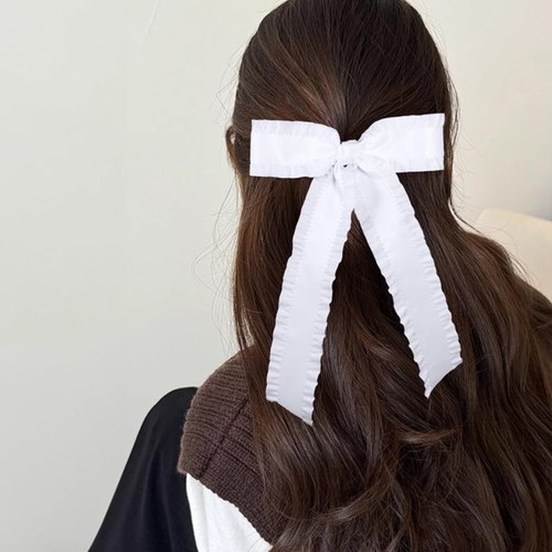 Big Hair Bows for Women Girls White Ruffle Tassel Hair Ribbon Bowknot Hair Clips Barrettes Hair Accessories for Teens Toddler Kids Ponytail Holder Accessories with Long Tail 5.5in