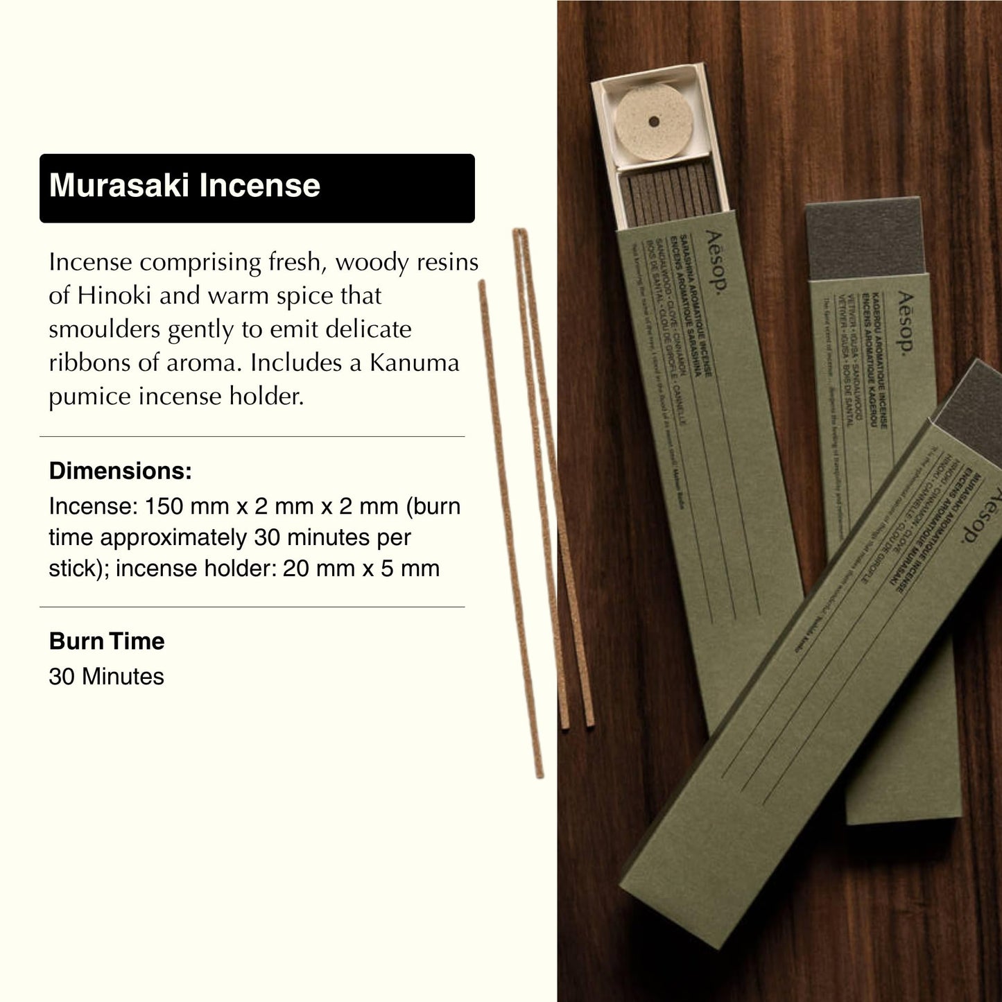Aesop Murasaki Aromatique Incense Sticks | Woody and Spicy Aroma of Hinoki & Cinnamon| 33 Sticks, 30-Min Burn Time | Includes Kanuma Pumice Holder | Vegan, No Synthetic Fragrance