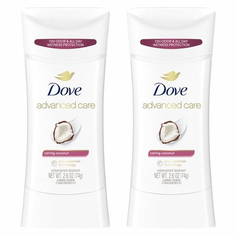 Dove Advanced Care Antiperspirant Caring Coconut, 2 Count Deodorant Stick for Women, for 48 Hour Protection And Soft And Comfortable Underarms, 2.6 oz