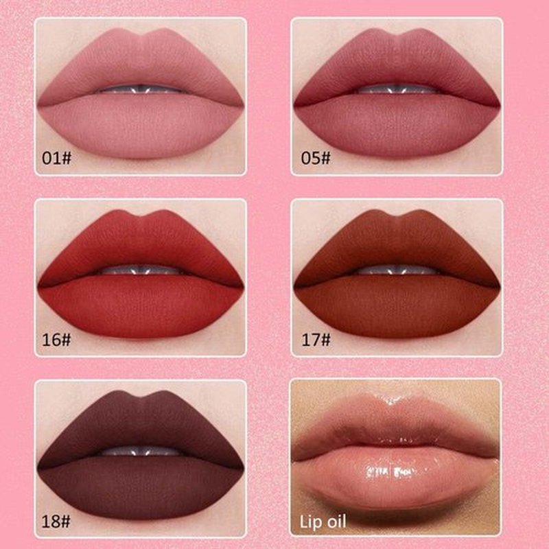 JUAAZIN 5Pcs Matte Liquid Lip Sticks+1Pcs Liquid Lip Oil Set, Dusty Pink Rose Vale Dark Red Brown Rose Purple Dark Sienna Lipstick Set, Rich Colors Long-Lasting Wear Not Fade Waterproof Lip Gloss(set4