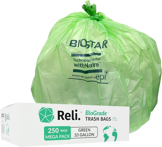Biodegradable 33 Gallon Trash Bags - Eco-Friendly Green | 250 Count Bulk | ASTM D6954 Certified
