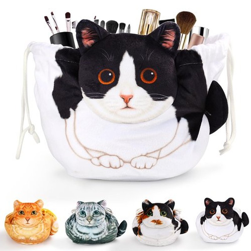 Openhahaha Drawstring Makeup Bag, Cat Makeup Bag, Travel Makeup Organizer, Cosmetic Pouch Bag, Cat Gift for Women, Lay Flat Makeup Bag Gifts for Cat Lovers