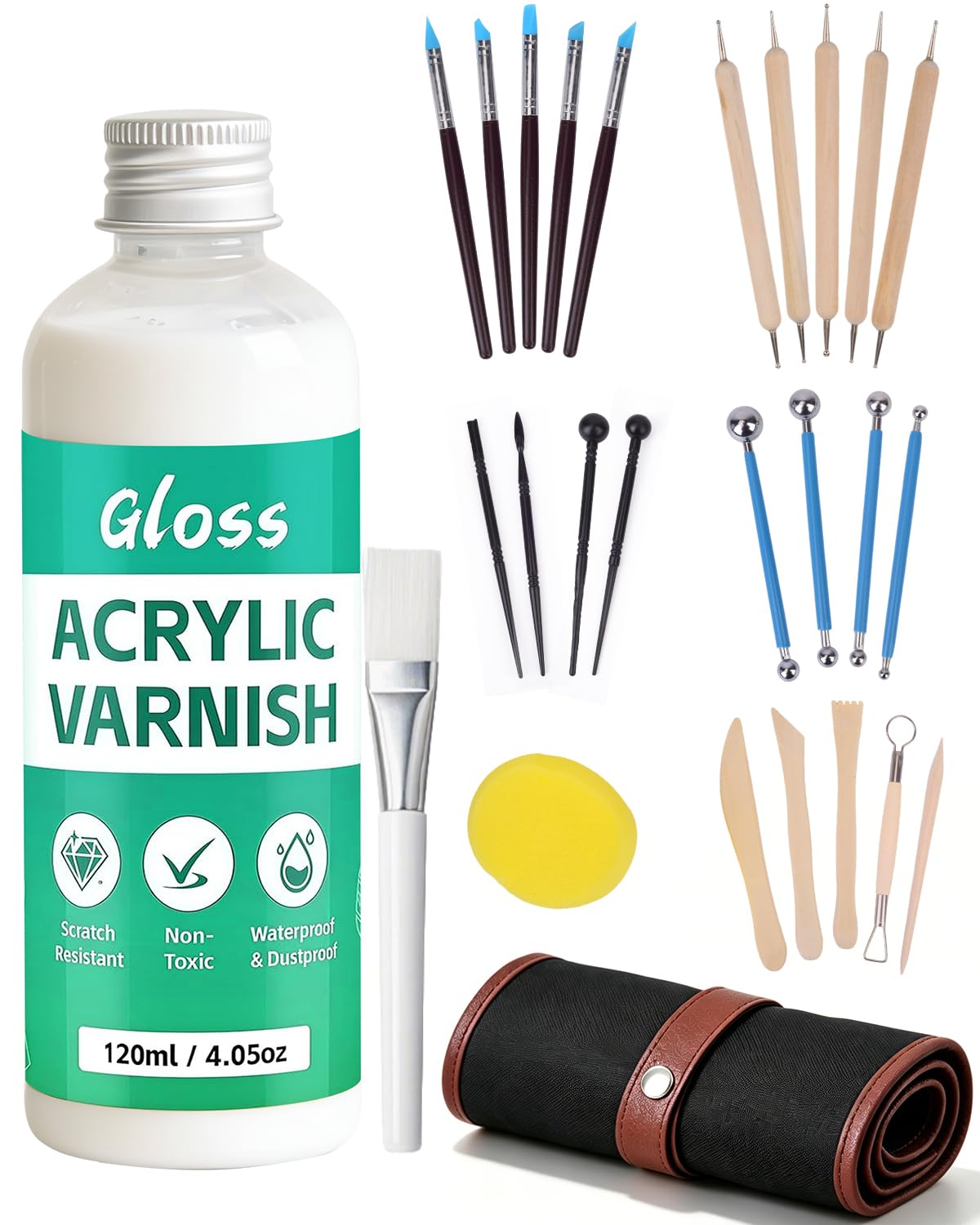 27 Pcs Air Dry Clay Kit with Clay Glaze - 120ml Gloss Varnish, Rollup Storage Bag, Professional Clay Sculpting Tools Set, Complete Pottery Kit for Beginners Adults Kids