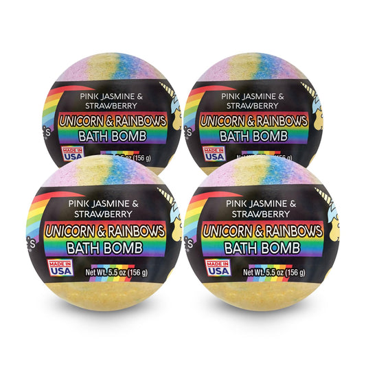 Nature's Beauty Unicorns & Rainbows, Pink Jasmine & Strawberry Scent Bath Bomb for Kids Multi-Pack - Natural, Non-Staining, Fun Bubbly Fizzy Spa Bomb, Made w/Coconut Oil + Witch Hazel, 5.5oz (4 Pack)