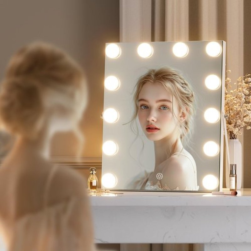 Hasipu Vanity Mirror with Lights, 11.4" x 13.8" Hollywood Mirror, Makeup Mirror with 12 Dimmable Bulbs and 10X Magnification, 3 Colors Modes, Touch Control, 360° Rotation, White