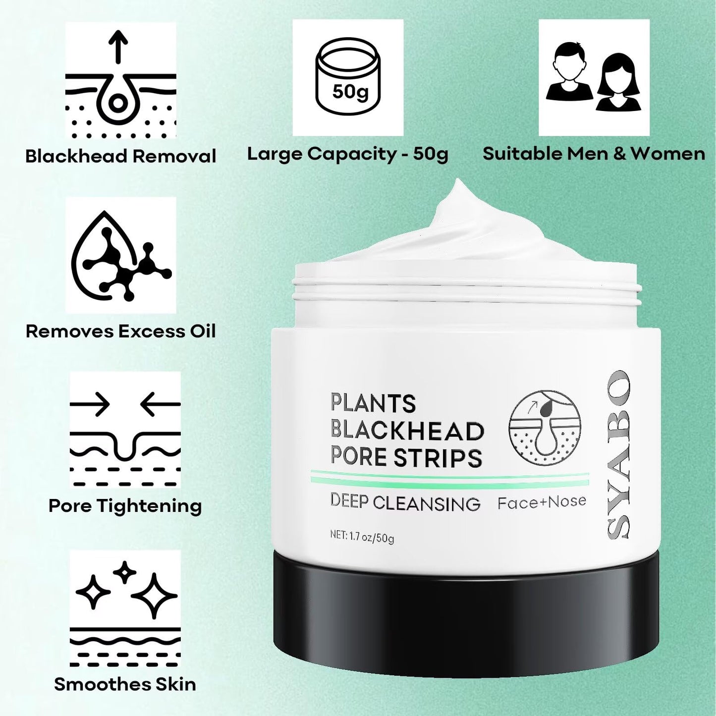 SYABO Blackhead Remover, Nose Pore Strips for Blackheads, Deep Cleansing Black Head Removal Peel Off Mask for Face with 100pcs Strips, Aloe Puntos Negros Remover, 50g