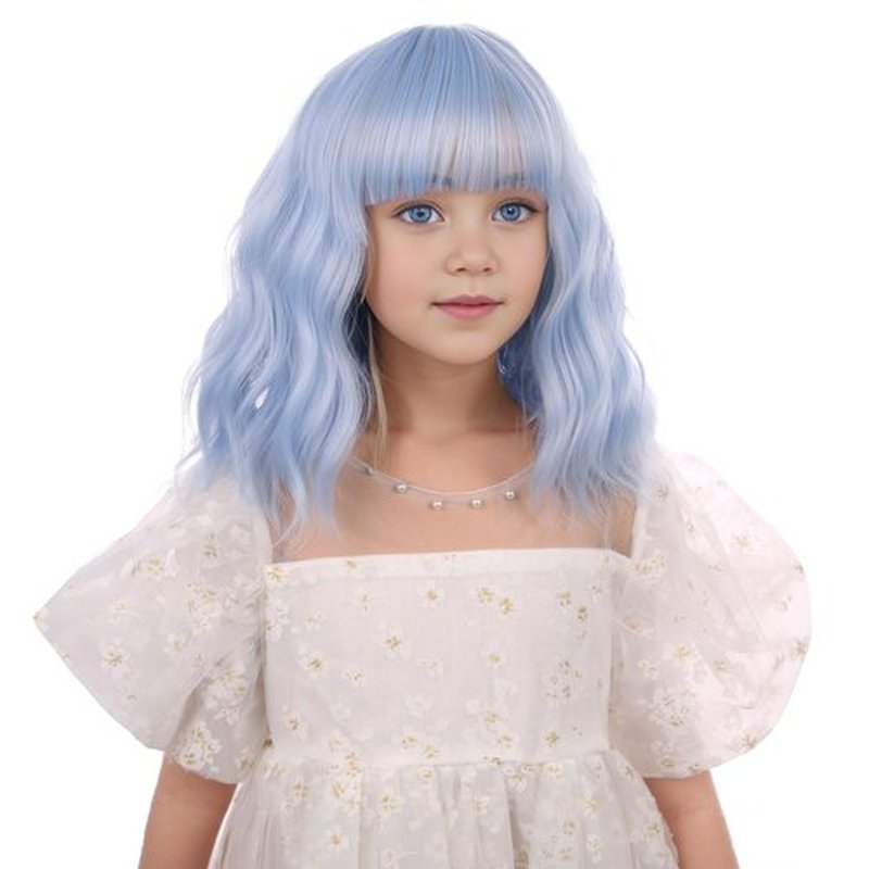 DUDUWIG Kids Light Blue Wig Girls Short Bright Blue Wavy Curly Wig Short Blue Wig with Air Bnags for Child Heat Resistant Synthetic Wig with Wig Cap