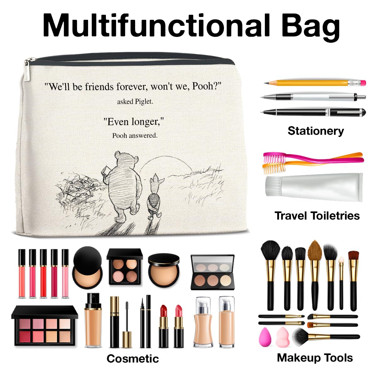 YeleY Friendship Gifts for Women Friends, Pooh Bear Gifts for Best Friends, Classic Pooh Bear Makeup Bag Cosmetic Bag