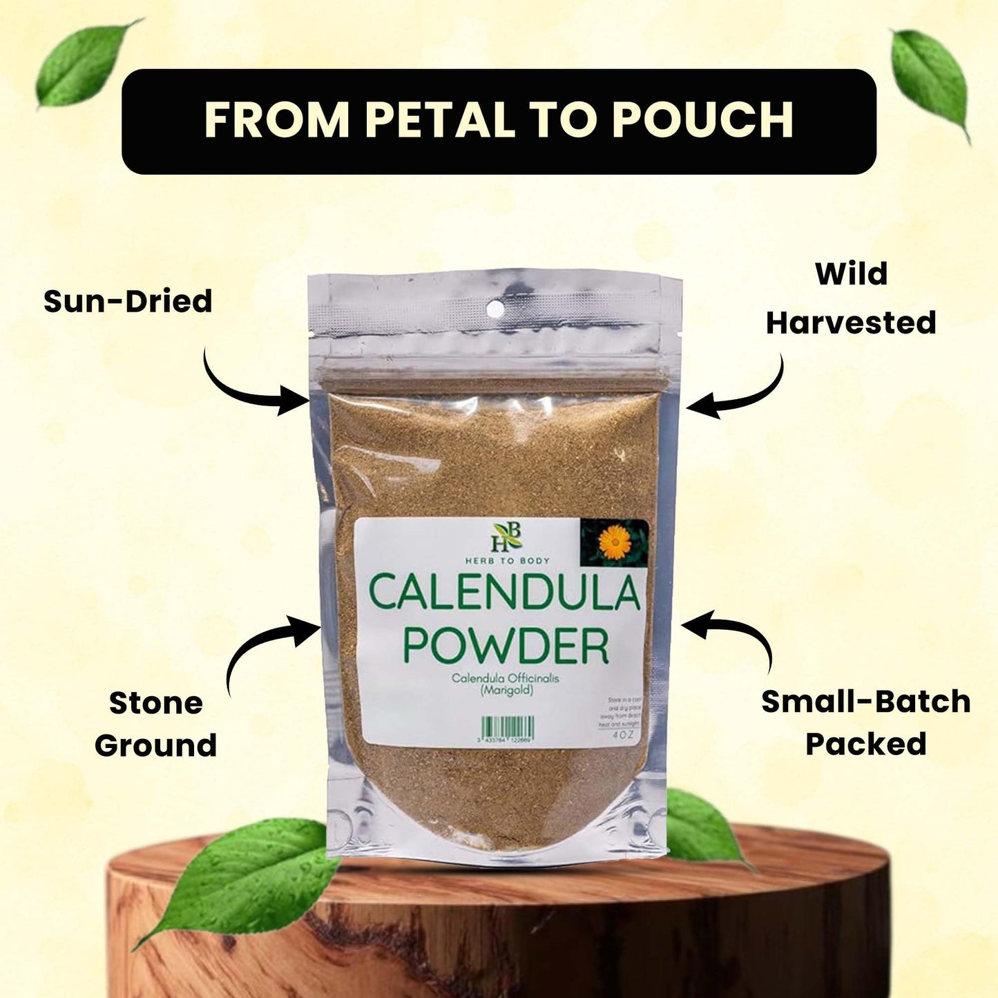 Herb To Body Calendula Powder – 4 oz, Wildcrafted Dried Marigold Flowers Powder for Calendula Tea, Body Care, and Edible Flowers Uses