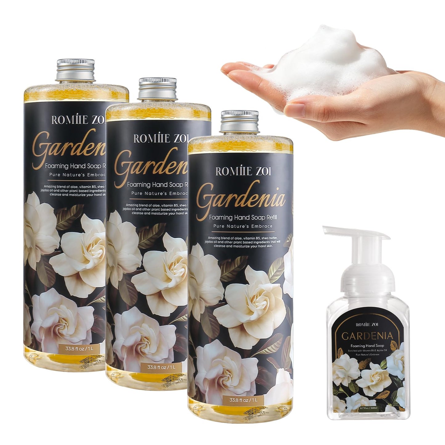 ROMIIE ZOI Foaming Hand Soap Refill Set, Gardenia, 33.8 Fl Oz, 3-Pack