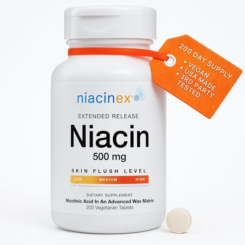 Niacinex Niacin 500mg Extended Time Release, 200 Tablets, Minimal to No-Flush, Vitamin B3 Supplement - Cholesterol Balance, Nicotinic Acid Vegan, cGMP, made in the USA