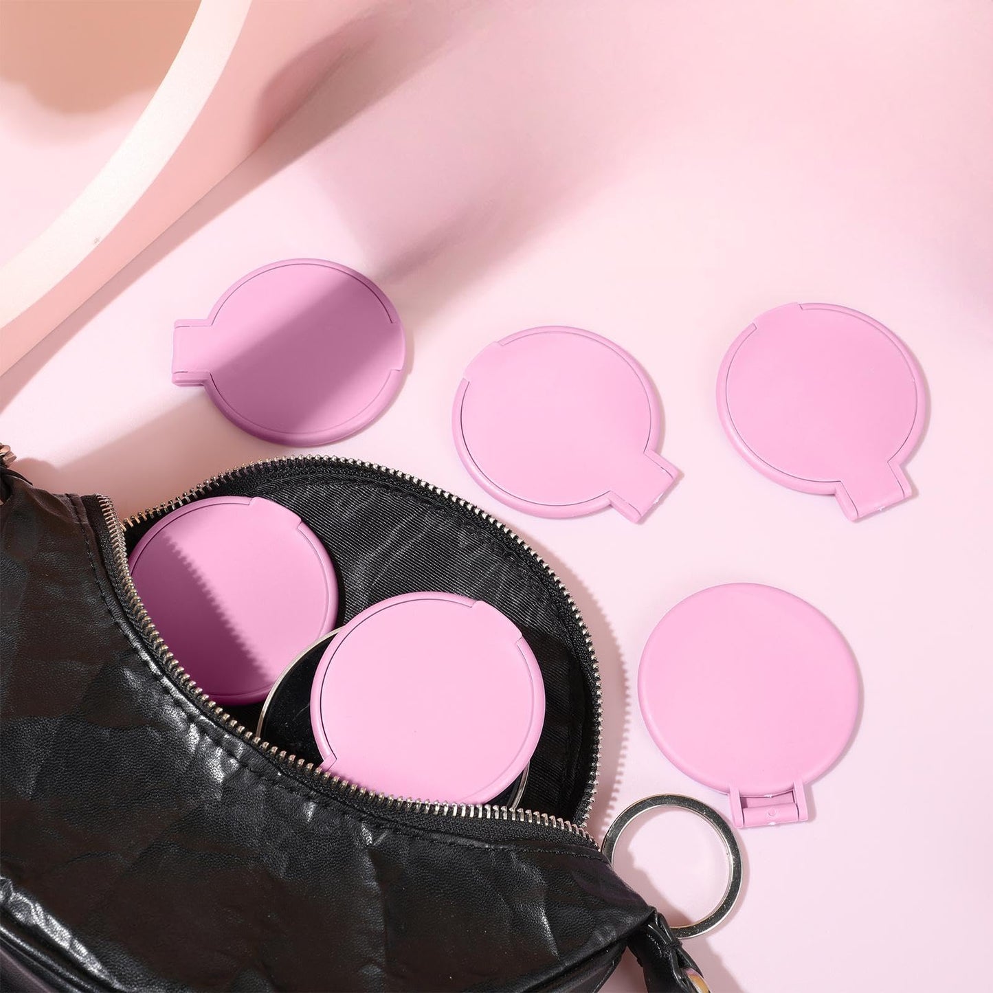 Saysurey 24 Pcs Mini Pink Compact Mirror Bulk for Women Small Round Portable Pink Mirror Makeup Folding Pocket Travel Accessories for Woman Bridal Shower Party Favor Coworker Nurse, 2.8 x 2.4 Inch