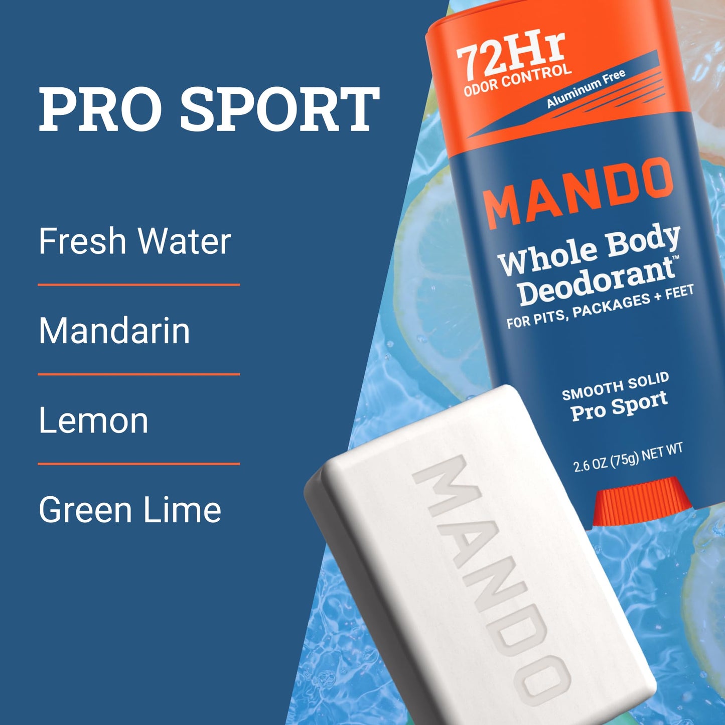 Mando Whole Body Deodorant 3 Piece System - 2.6 oz Smooth Solid Stick, 5.0 oz 4in1 Acidified Cleansing Bar, & 15 ct Deodorant Wipes - Aluminum & Baking Soda Free Odor Control - 3 pc Bundle (Pro Sport)