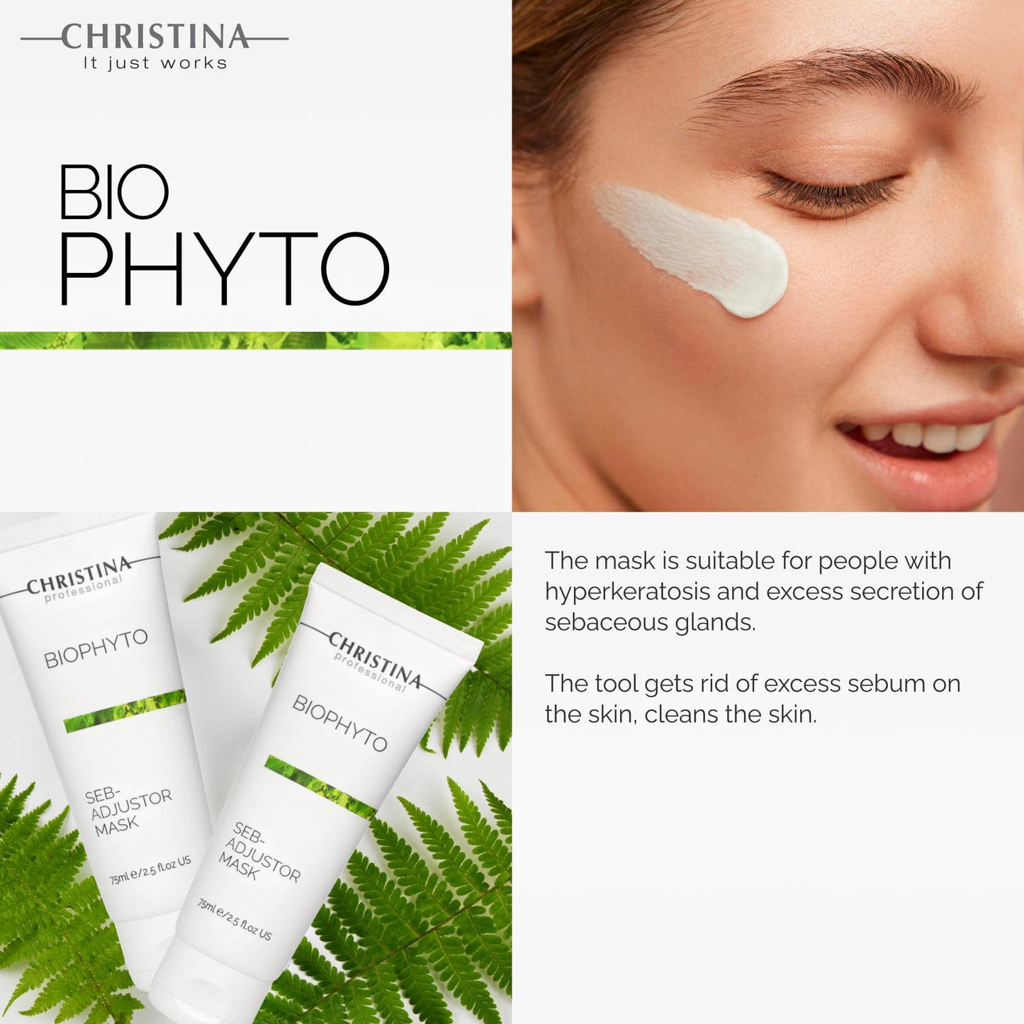 CHRISTINA Bio Phyto Seb-Adjustor Facial Mask with Moisture Complex | Face Masks Skincare Targets Acne, Blackheads, and Oiliness | Clears and Balances Skin | Suitable for All Skin Types 75ml
