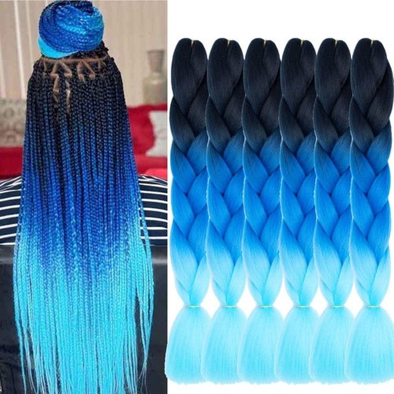 SHUOHAN 6 Packs Ombre Jumbo Braiding Hair Extensions 24 Inch High Temperature Synthetic Fiber Hair Extensions for Box Braids Braiding Hair (Black to Blue to Light Blue)