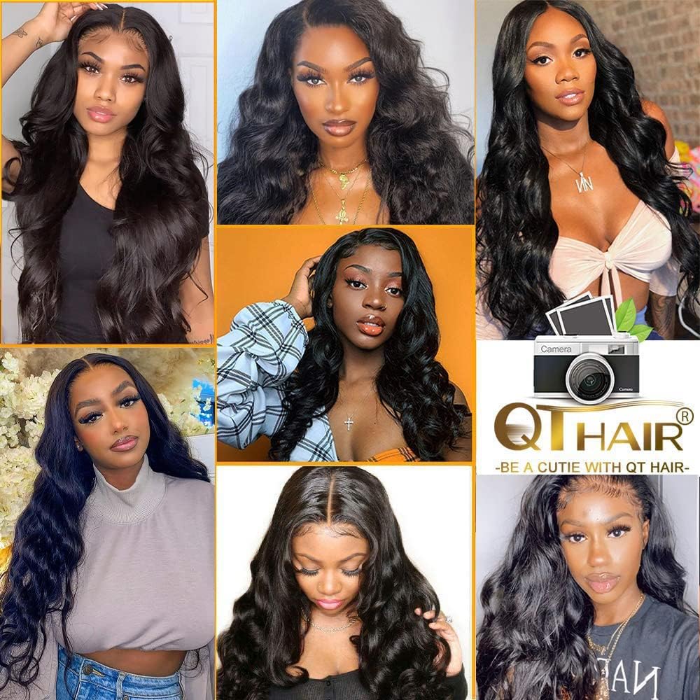 QTHAIR 14A Human Hair Bundles with Transparent Hd Lace Frontal (14 16 18+14) Body Wave Bundles with Lace Closure Brazilian Human Hair Weave Bundles with 13x4 Frontal Virgin Hair Weft 150% Density