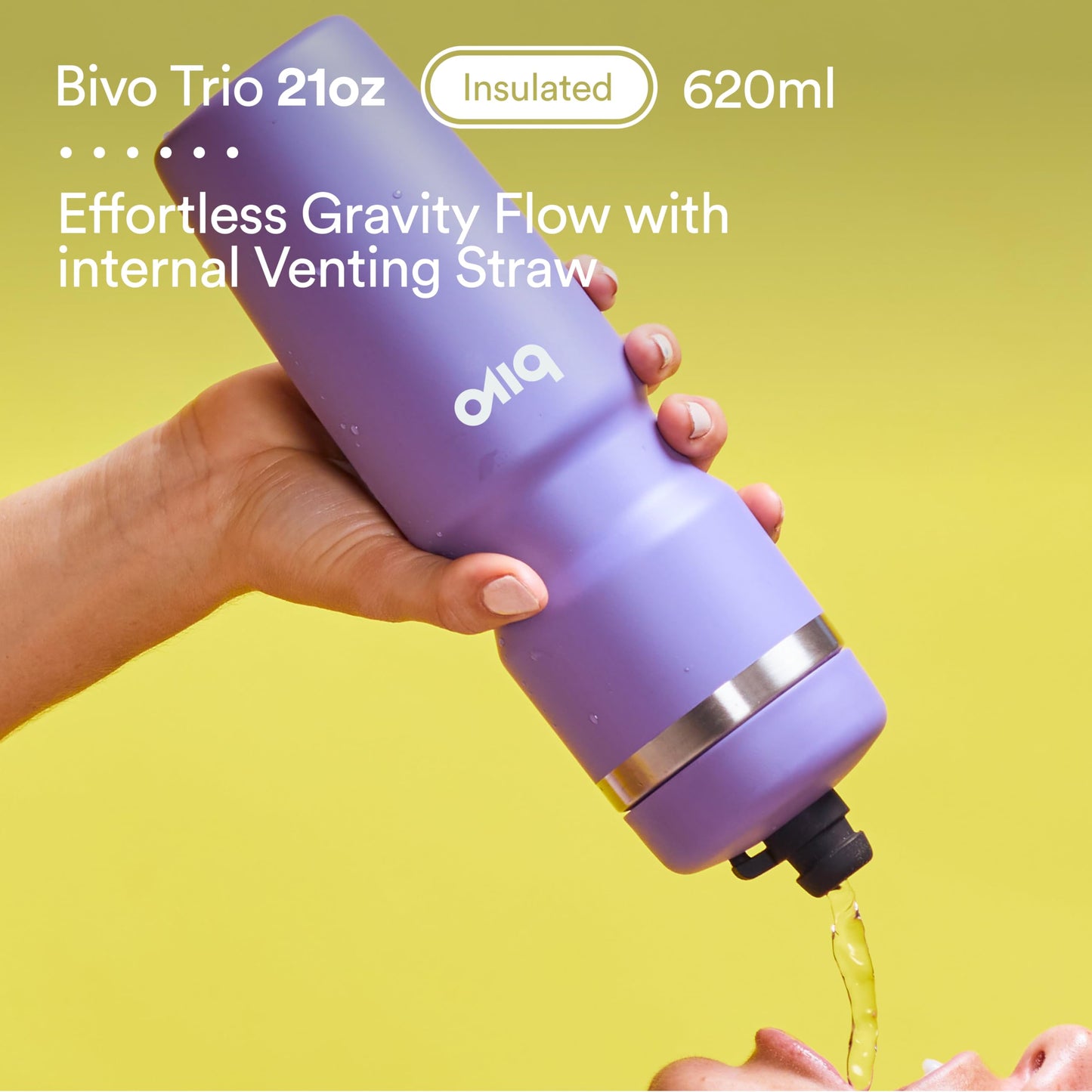 Bivo Trio 21oz Insulated Stainless Steel Bike Water Bottle - for Cycling - Fits Most Cages, Dishwasher Safe, High Flow Sports Nozzle - Keeps Drinks Cold 12+ Hours - Black