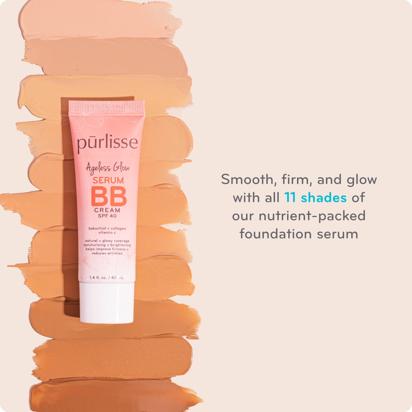 pūrlisse Ageless Glow Serum BB Cream SPF 40 - Glowy Tinted Moisturizer with SPF - Korean Skin Care Formula with Vitamin C & Bakuchiol to Firm, Brighten & Even Skin - Light (1.4 oz)