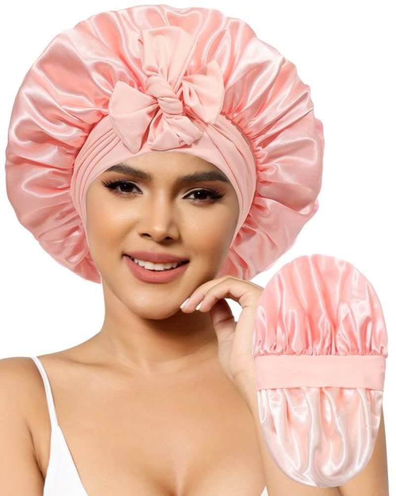 Satin Bonnet for Women Silk Bonnets for Sleeping Curly Hair Bonnet with Elastic Tie Band Reversible Double Layer Sleep Cap Hair Wrap (Pink)