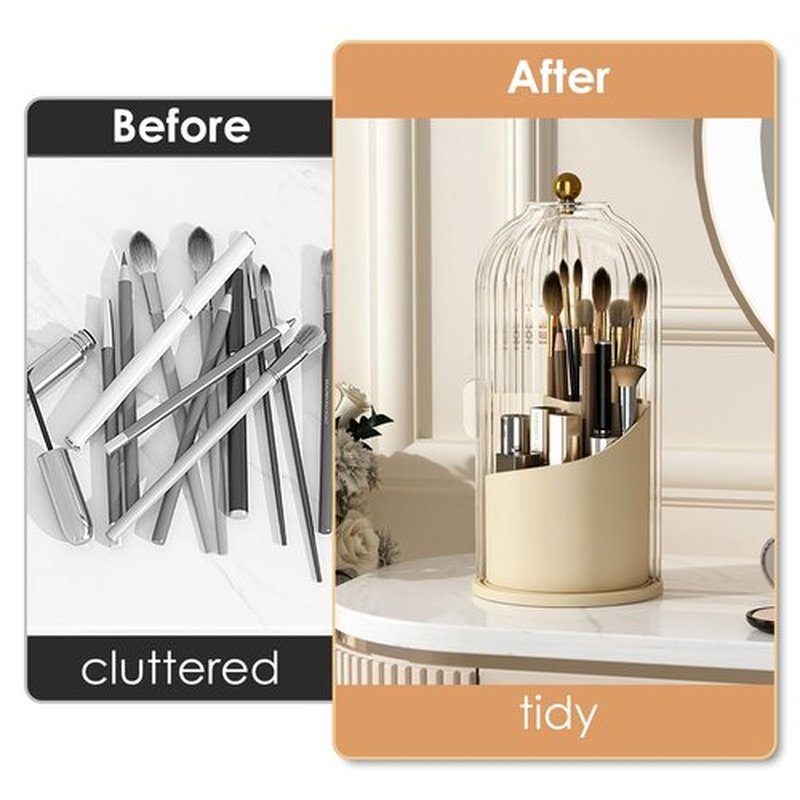YOOLENS Makeup Brush Holder Organizer with Lid,360 Rotating Clear Dustproof Makeup Brushes Organizer for Vanity Desktop Bathroom Countertop, White Beige
