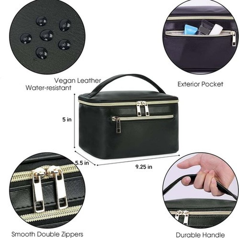 Wandering Nature Makeup Bag, Travel Make Up Organizer Cosmetic Brush Bags Case for Women in Vegan Leather, Black(Patent Pending)