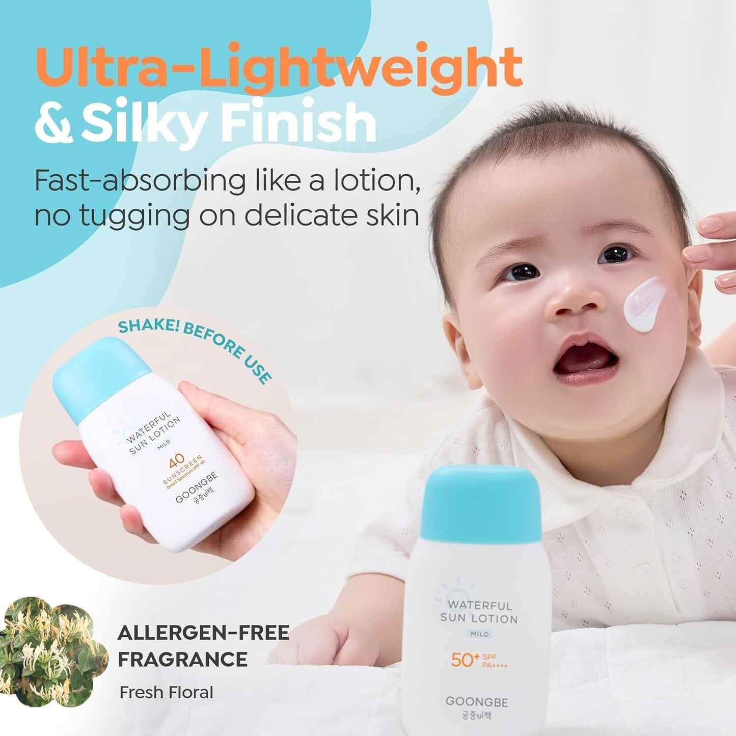 GOONGBE Baby Kids Waterful Sun Lotion SPF 40 & Mild Soothing Gel - Zinc Oxide Mineral Sunscreen & After Sun Relief - Korean Skincare for Sensitive Skin - Vegan Hypoallergenic, 2.82oz & 5.07oz