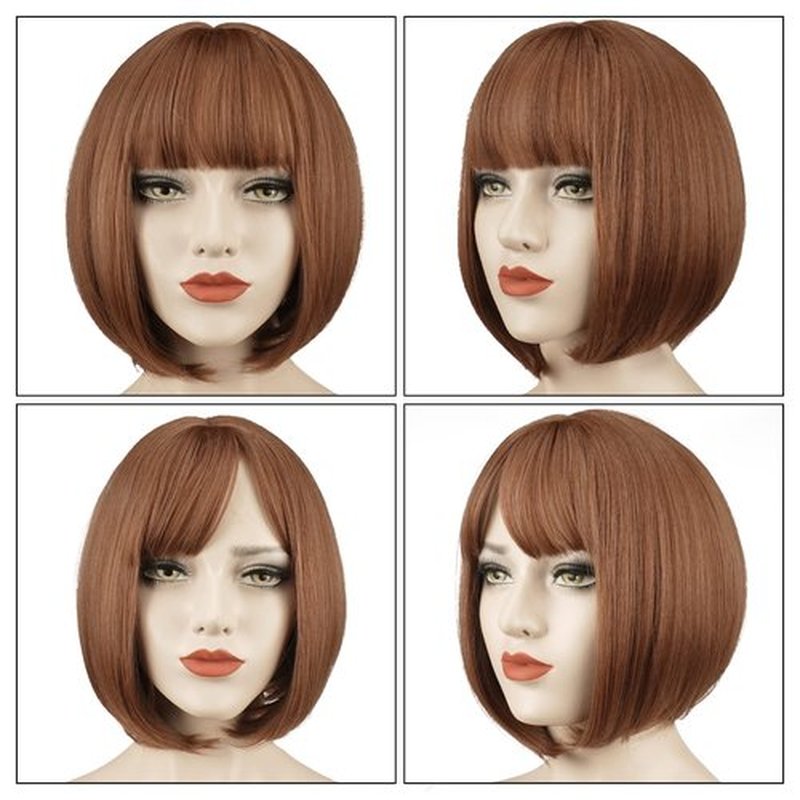 SOFEIYAN Short Straight Bob Wigs with Bangs 11 inch Synthetic Daily Party Cosplay Hair Wig for Black Women, Linen