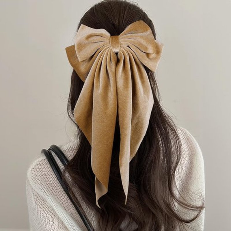 2pc Velvet Khaki Ribbon Hair Bows with Long Tail For Women Girls Oversized Bow-Knot French Hair Barrette Clips Clamp Fall Winter Early Spring Ponytail Holder Decorative Accessories