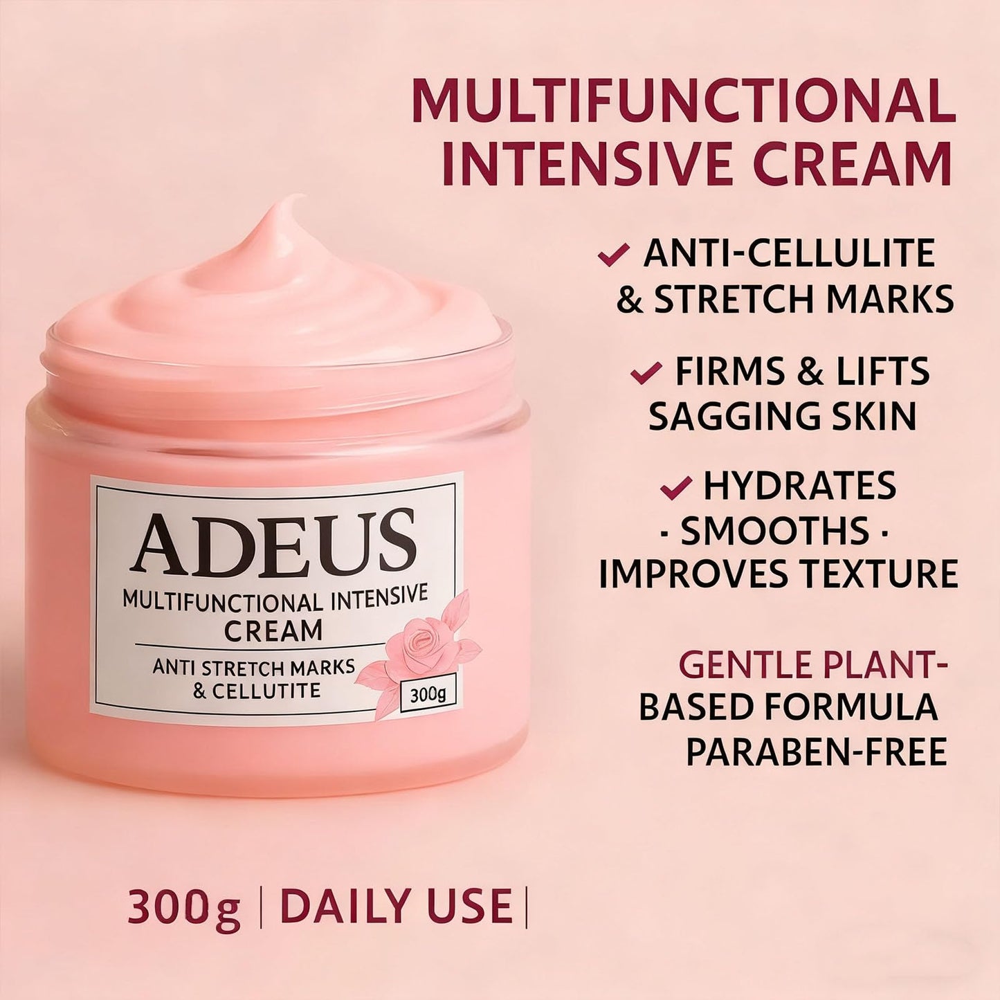 ADEUS Multifunctional Intensive Cream – Smooth & Tighten Skin – Targets Stretch Marks, Cellulite & Sagging Skin – Deep Nourishing & Elasticity-Boosting Formula for Women (10oz) (1)