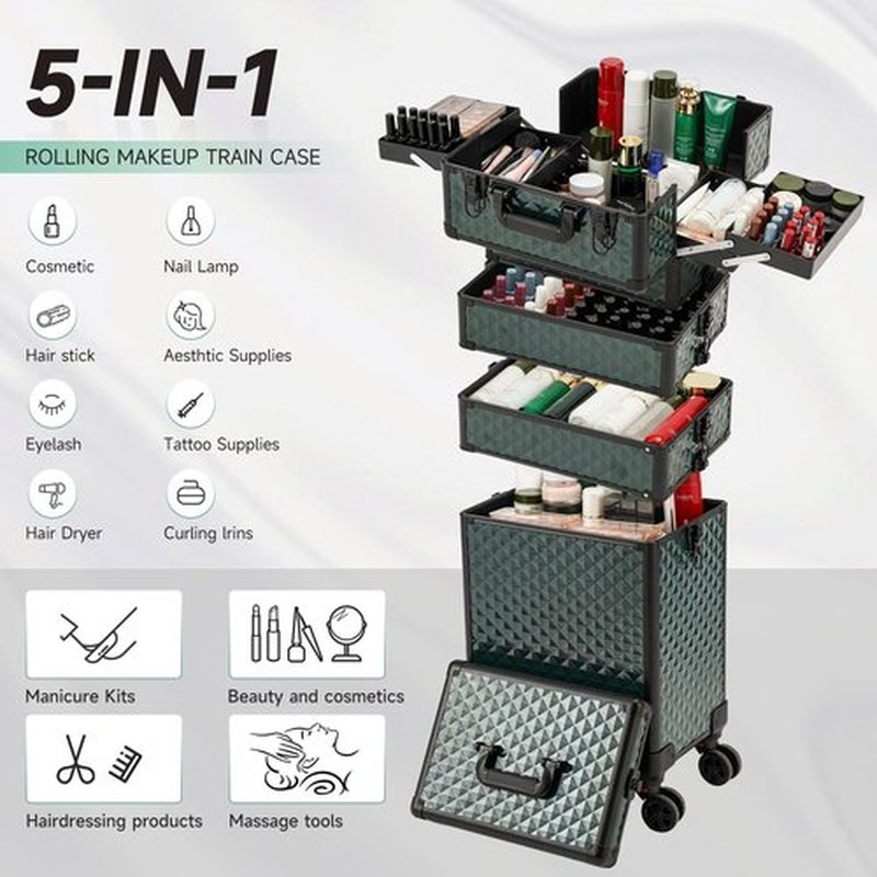 Leeora&Leekoo Portable Multi-Storey Nail Case for Nail Tech Organizer - Wheels Makeup Case Organizer, Cosmetic Case, Makeup Train Case, Make Up Case (Dark Green)