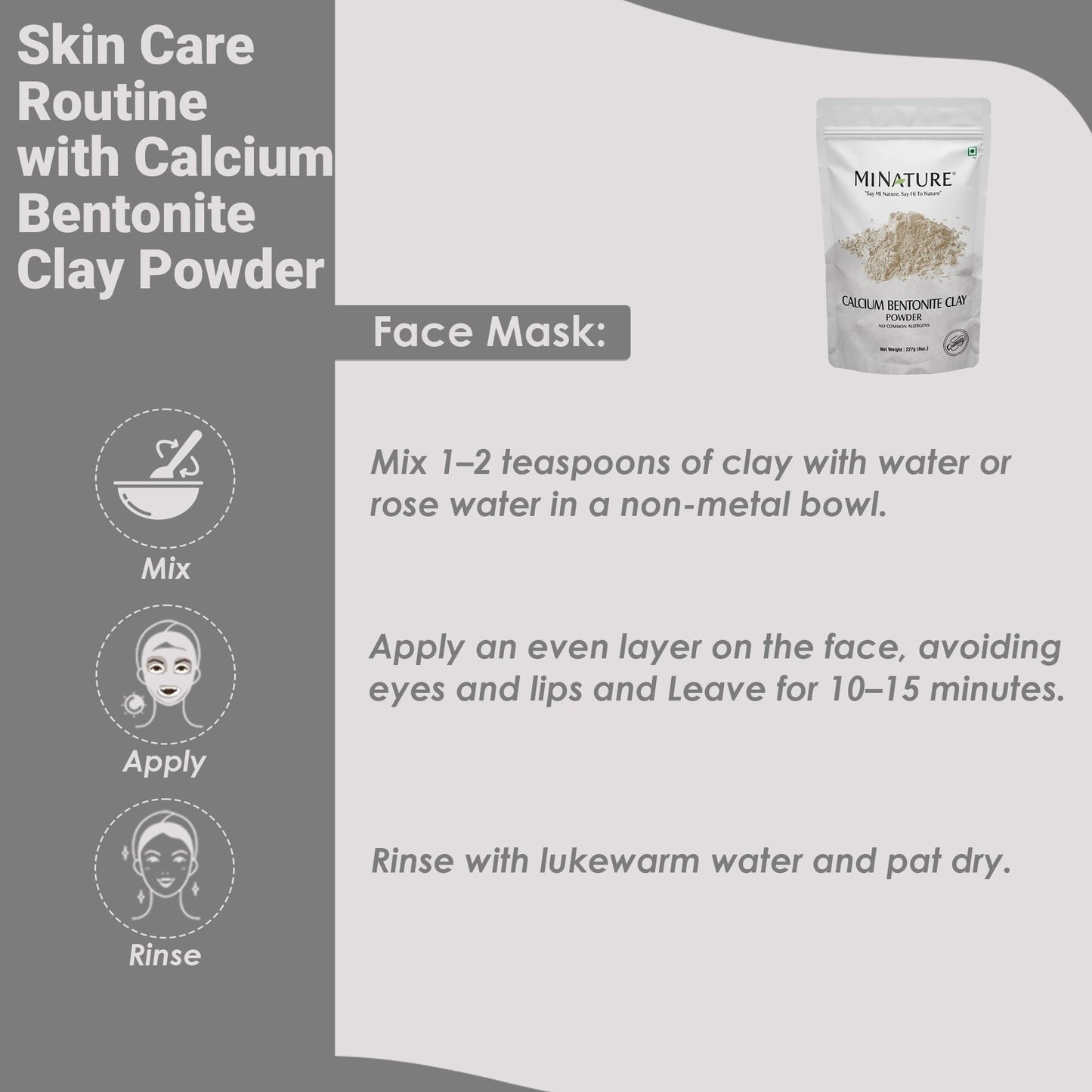 Mi Nature Calcium Bentonite Clay Powder | Indian Healing Clay | Natural Herbal Skin Care | Great For DIY Mask, Soap, & Scrub | For Gentle Care Made In India | 227g(8oz) (0.5lb)