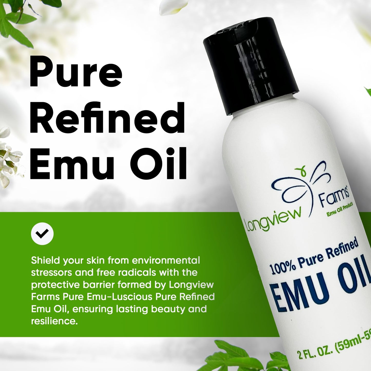 Longview Farms® Emu Oil - Hair and Body - 100% Pure & Refined Emu Oil for Skin & Hair Care | Premium Quality Hydration | 2 Fl. Oz