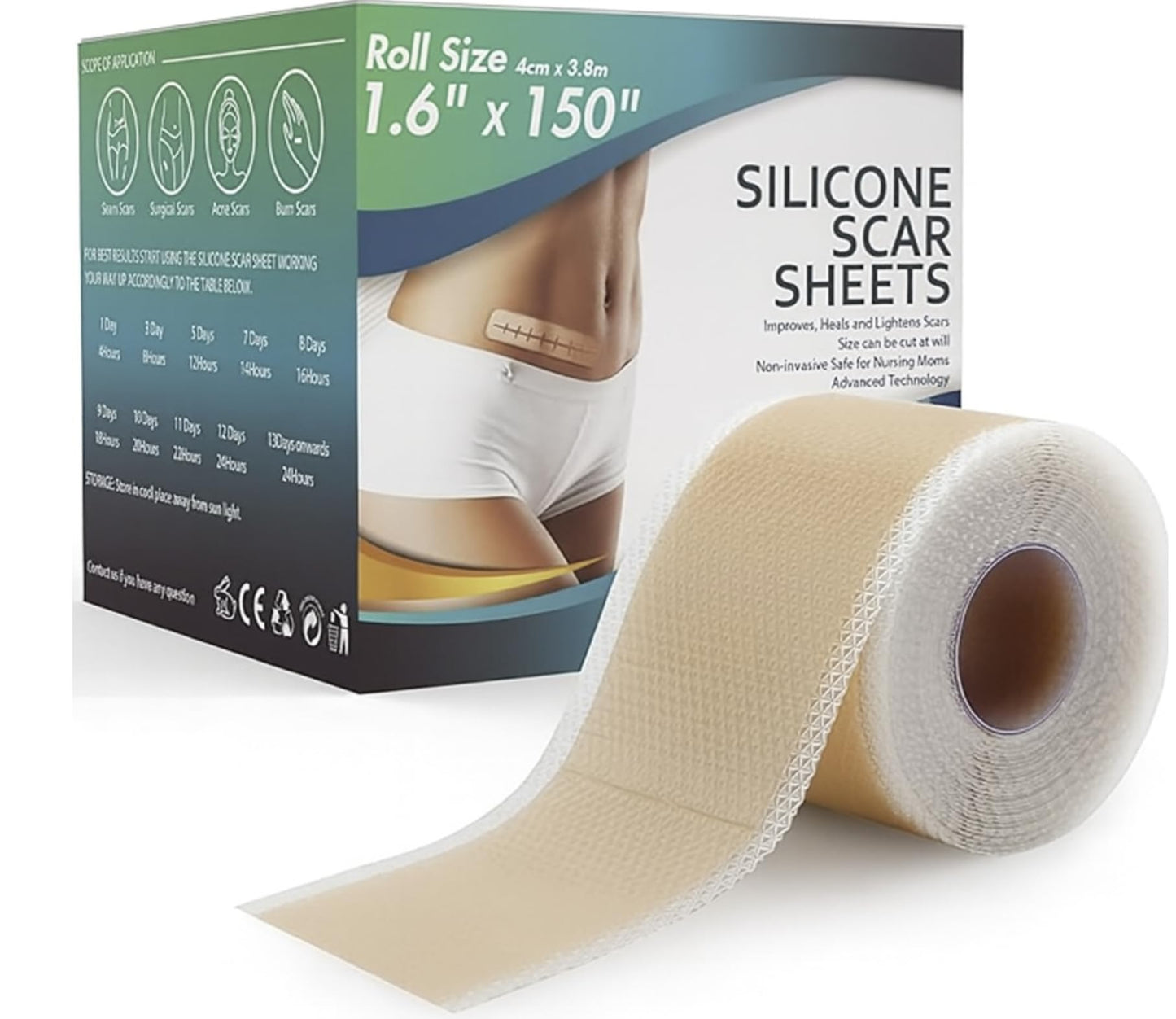 Silicone Scar Sheets 1.6" x 120" - Medical Grade, Long-Lasting, Reusable Tape Roll for C-Section, Surgical Scars, Keloid, Acne, Tummy Tuck Recovery & Wrinkle Treatment