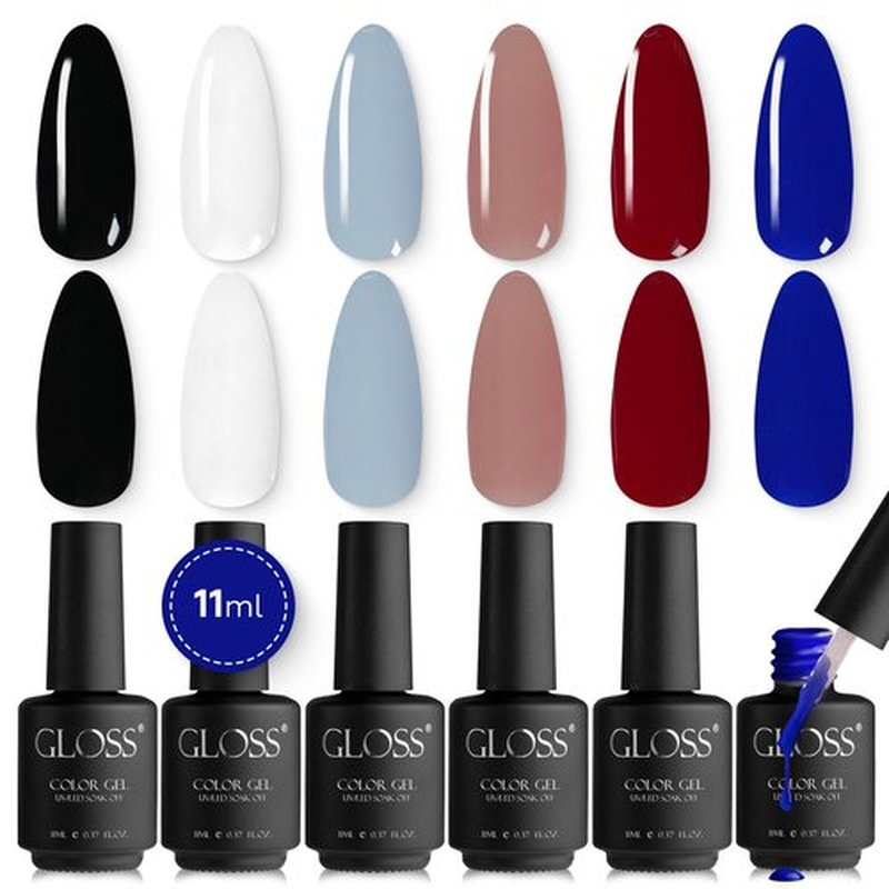 GLOSS Basic Gel Nail Polish Set | 6 Pcs with Black, Red, White, Navy Blue, Gray & Pink Colors, UV LED Gel Polish, Soak off Nail Art Design, DIY at Home Gifts for Women & Girls