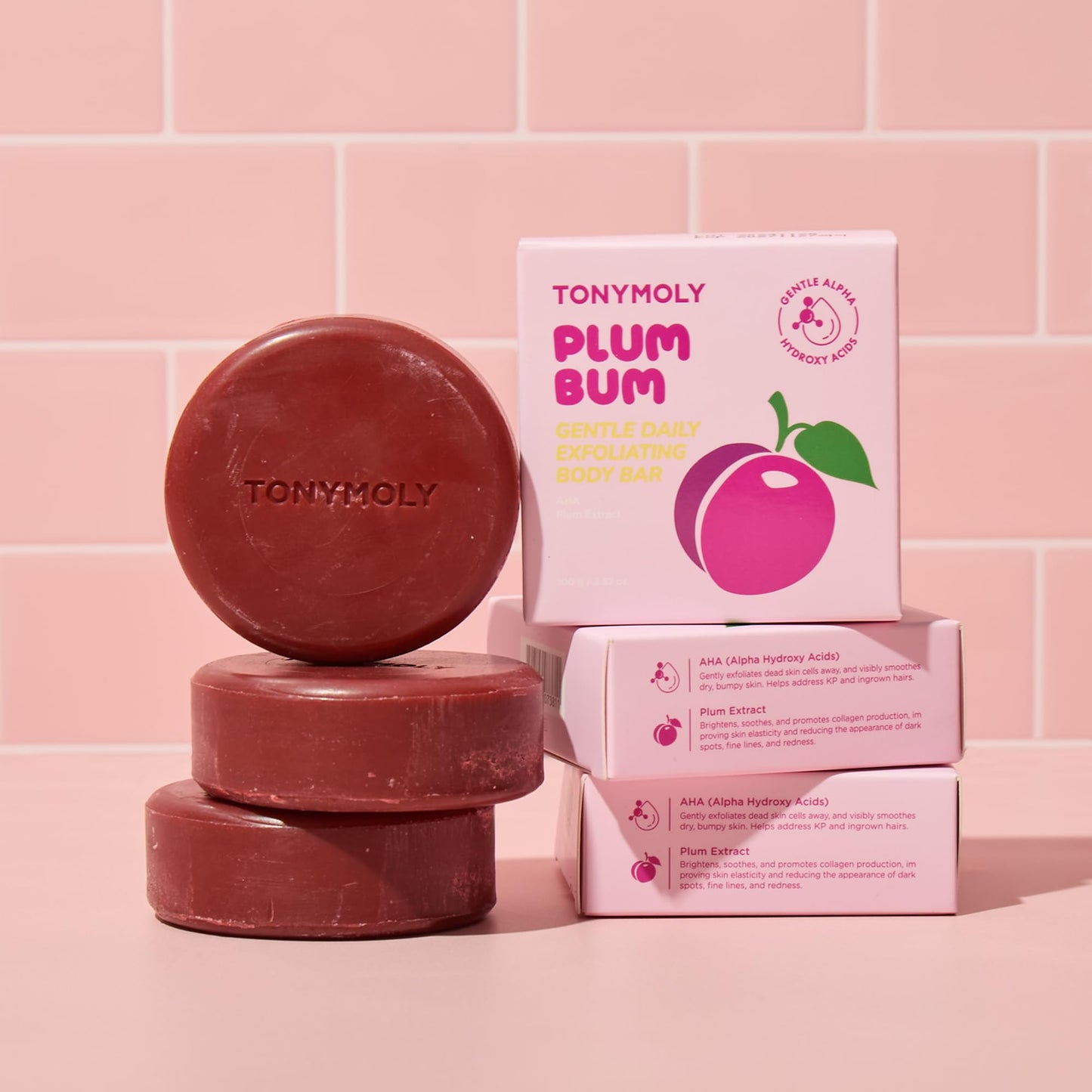 TONYMOLY Plum Bum AHA Exfoliating Body Bar Gentle Daily Buffing & Smoothing Soap with Alpha Hydroxy Acids (AHA), Plum & Cica Extract for Soft, Healthy-Looking Skin