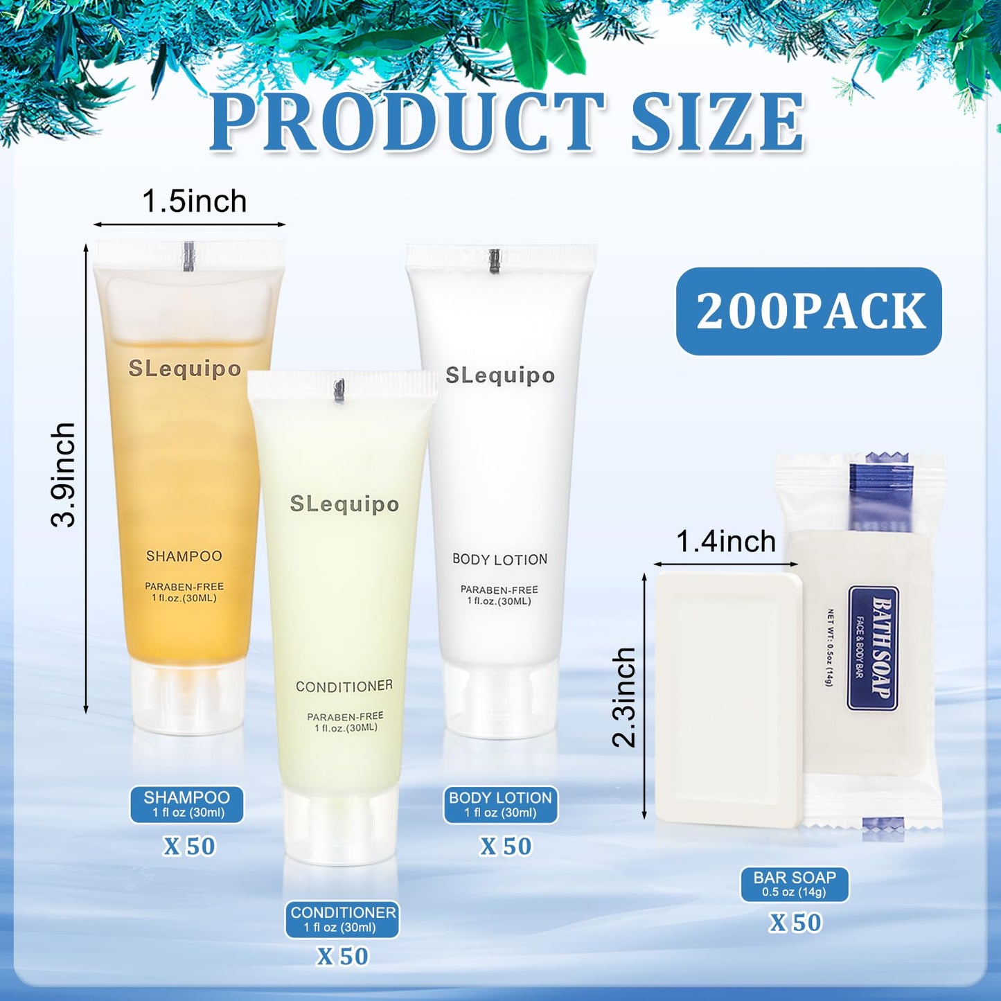 SLequipo 4-IN-1 Hotel Toiletries Bulk Set (200PCS) 4-Piece Set: 50 Hotel Bar Soap 0.5oz, 50 Hotel Shampoo, 50 Conditioner Travel Size, 50 Hotel Body Lotion - Bulk Mini Guest Amenities