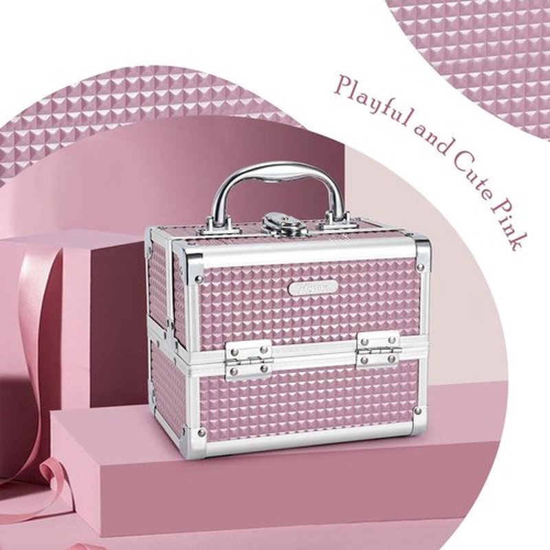 Joligrace Makeup Train Case Portable Cosmetic Box Jewelry Organizer Lockable with Keys and Mirror 2-Tier Trays for Makeup Artists Craft Nail Kits Sewing Box Traveling Makeup Storage Case Pink