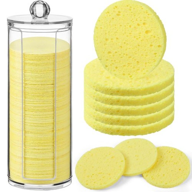 120 Pcs Compressed Facial Sponges Natural Face Exfoliator Disposable Face Sponges for Cleansing Round Soft Facial Scrubber Pads with Storage Container for Makeup Removal Travel (Lemon Yellow)