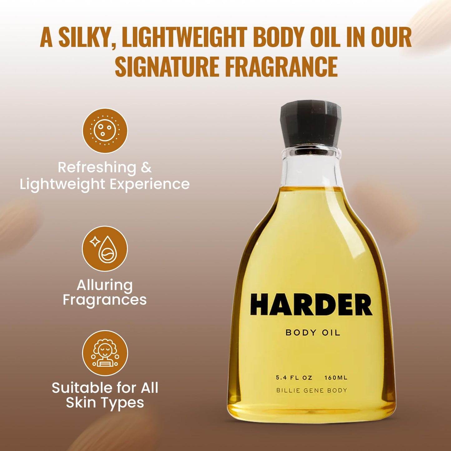 Billie Gene Body Harder Body Oil – Silky Nourishing Moisturizer with Jojoba & Shea Butter – Vegan and Cruelty-Free – Warm Woody Sandalwood & Leather Fragrance for Soft Glowing Skin 5.4oz