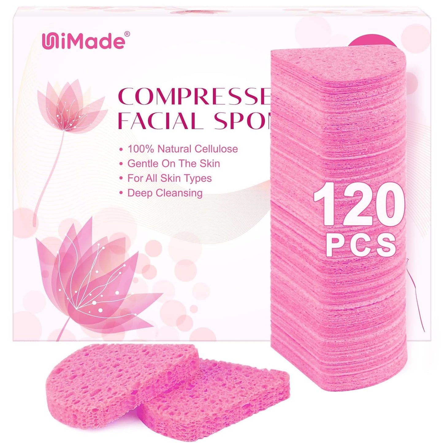 UNIMADE 120-Count Compressed Facial Sponges, Face Sponges for Cleansing, 100% Natural Cellulose Cosmetic Spa Scrub for Makeup Removal, Exfoliating Mask, Skin Massage - Pink