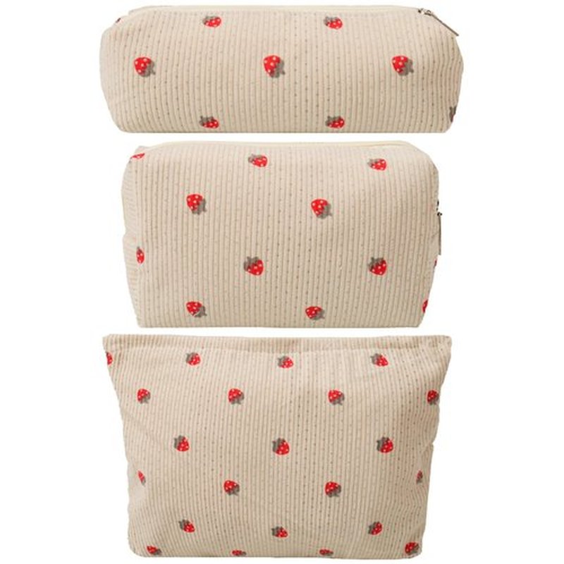LYDZTION 3Pcs Corduroy Makeup Bag Cosmetic Bag for Women, Strawberry Makeup Bag Cute Small Makeup Bag Storage Bag Travel Toiletry Organizing Bag Pouch,Strawberry