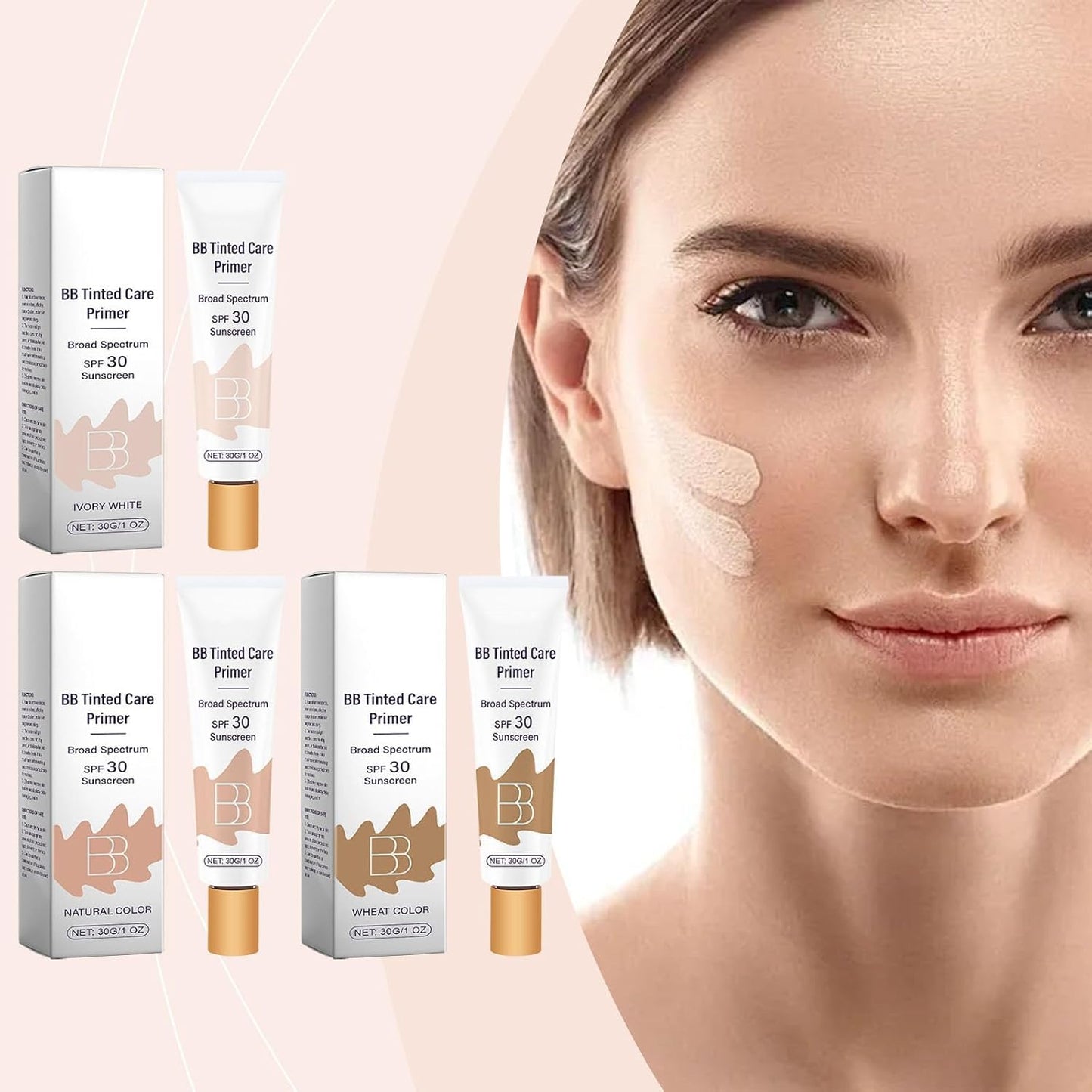 BB Tinted Care Primer with SPF 30, Full Coverage Concealer, Natural Color, Cream Formula, with Brush, 1 Oz, 2 Pack