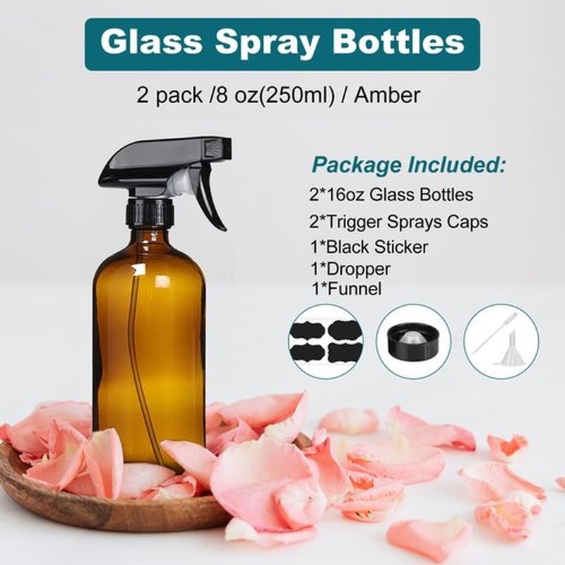 HAOERMEI 8 oz Amber Glass Spray Bottles - 2 Pack Refillable Empty Bottle for Cleaning Solutions, Essential Oils, Plants, Hair Mister - with Labels &Funnel, Dropper