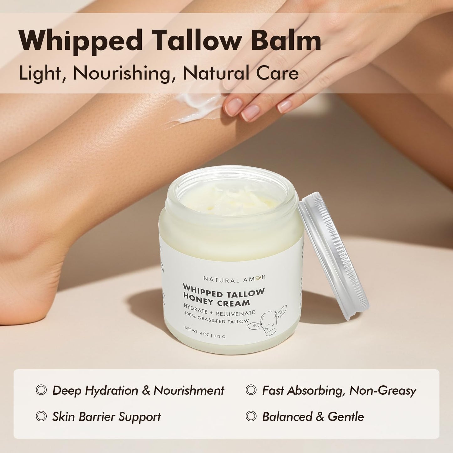Natural Amor Whipped Grass Fed Tallow Honey Cream – 4oz Natural Moisturizer with Shea Butter, Manuka Honey & Jojoba – Lightweight Body Cream for Dry, Sensitive Skin – Nourishing & Non-Greasy