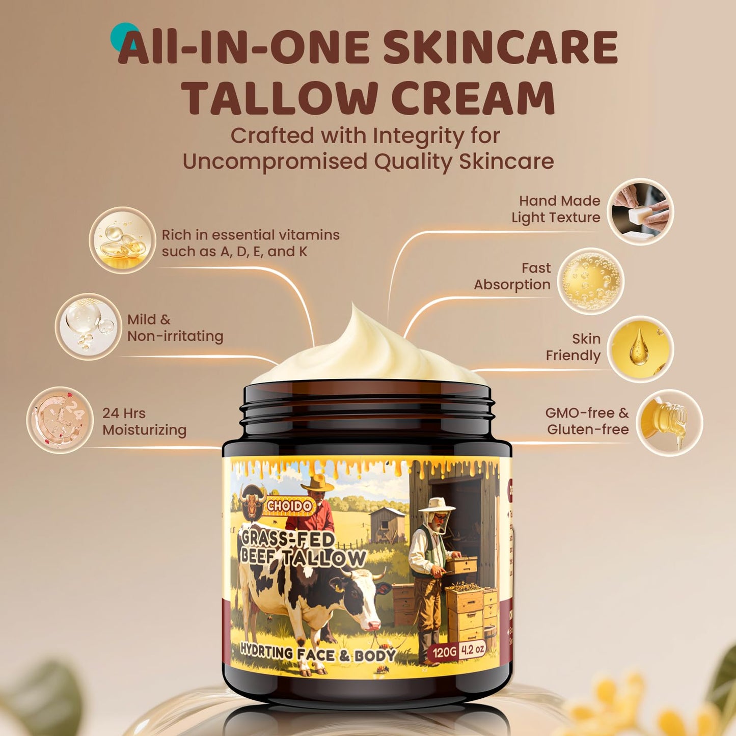 Choido Tallow and Honey Balm, Beef Tallow for Skin, Whipped Organic Grass-Fed Beef Tallow, Natural Whipped Face Moisturizer & Body Butter for Dry & Sensitive Skin
